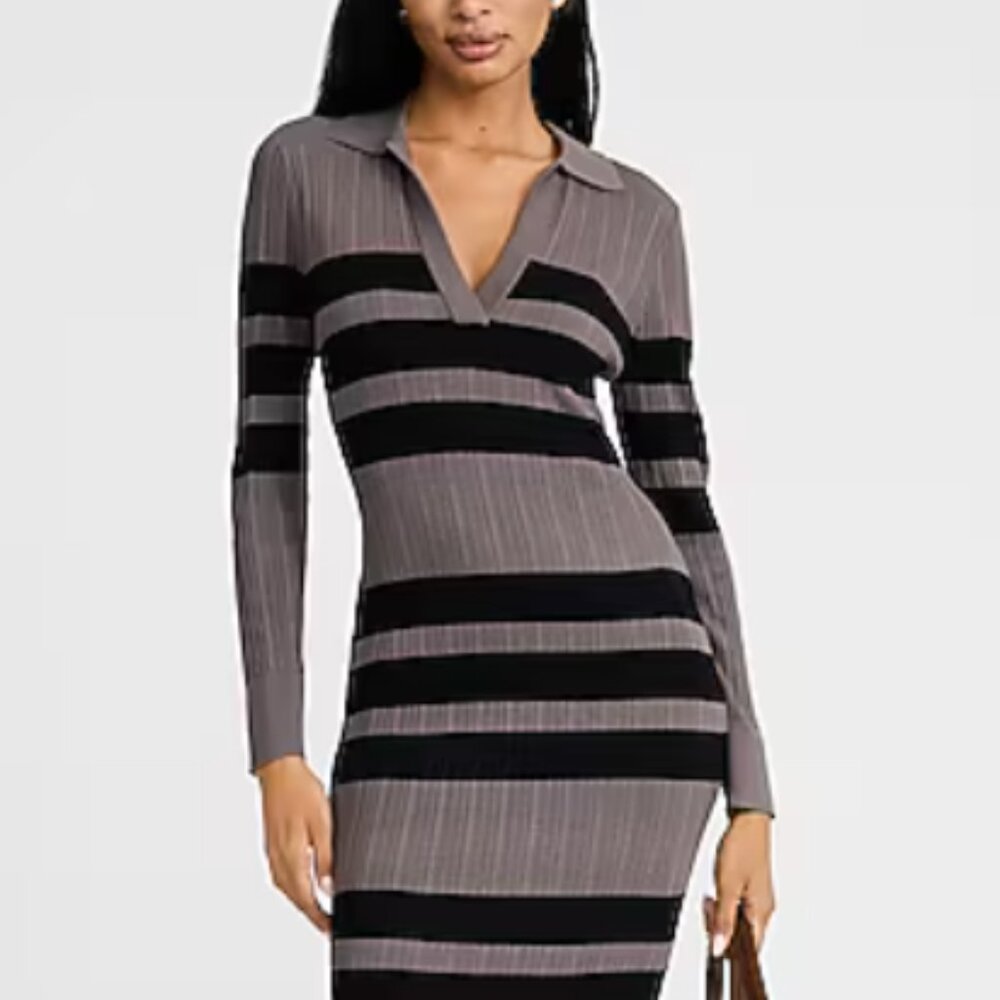 NWT EXPRESS Striped Collared Long Sleeve Midi Sweater Dress